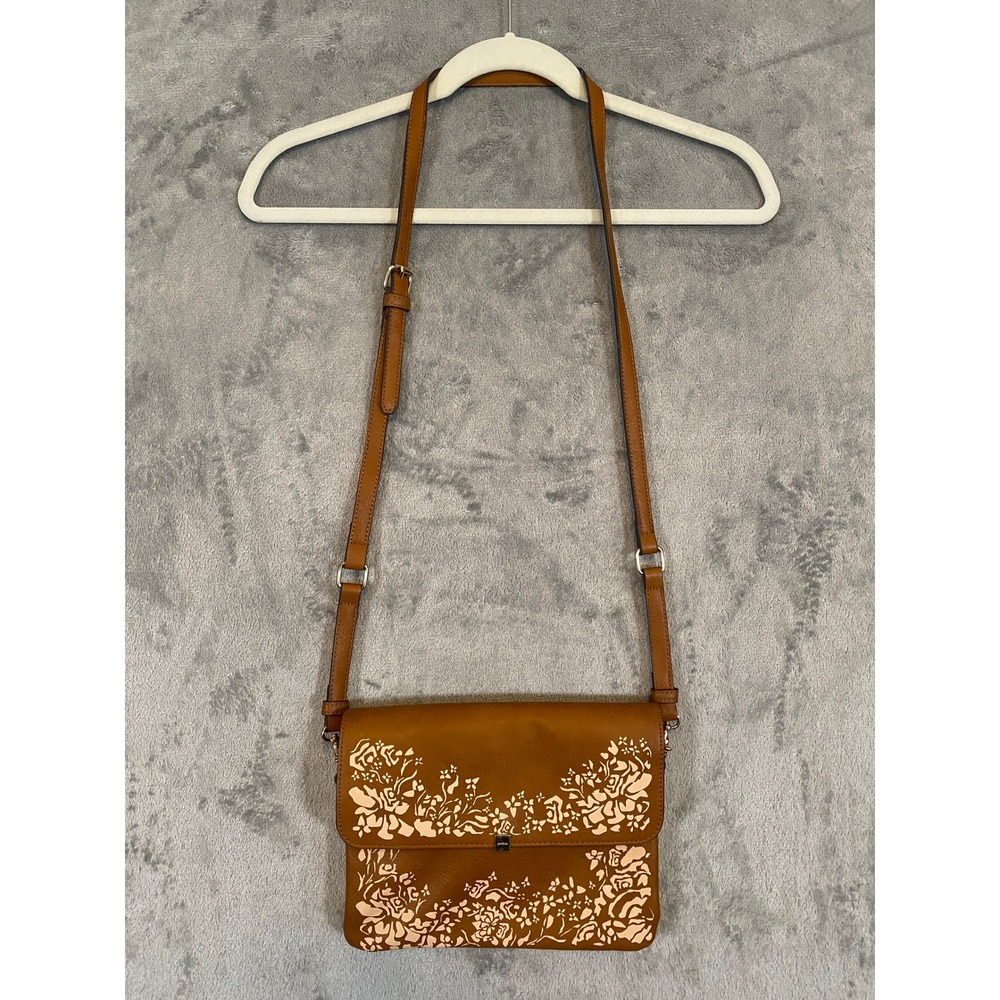 Parfois Crossbody Bag Tan Brown Floral Laser‎ Cut Boho Adjustable Gold Hardware